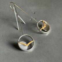 Birds at Sunset – round silver earrings with a setting sun and gold-plated birds – designer jewelry – MADE TO ORDER