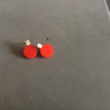 Tiny cube with red circle – silver stud earrings with plexiglass – designer jewelry